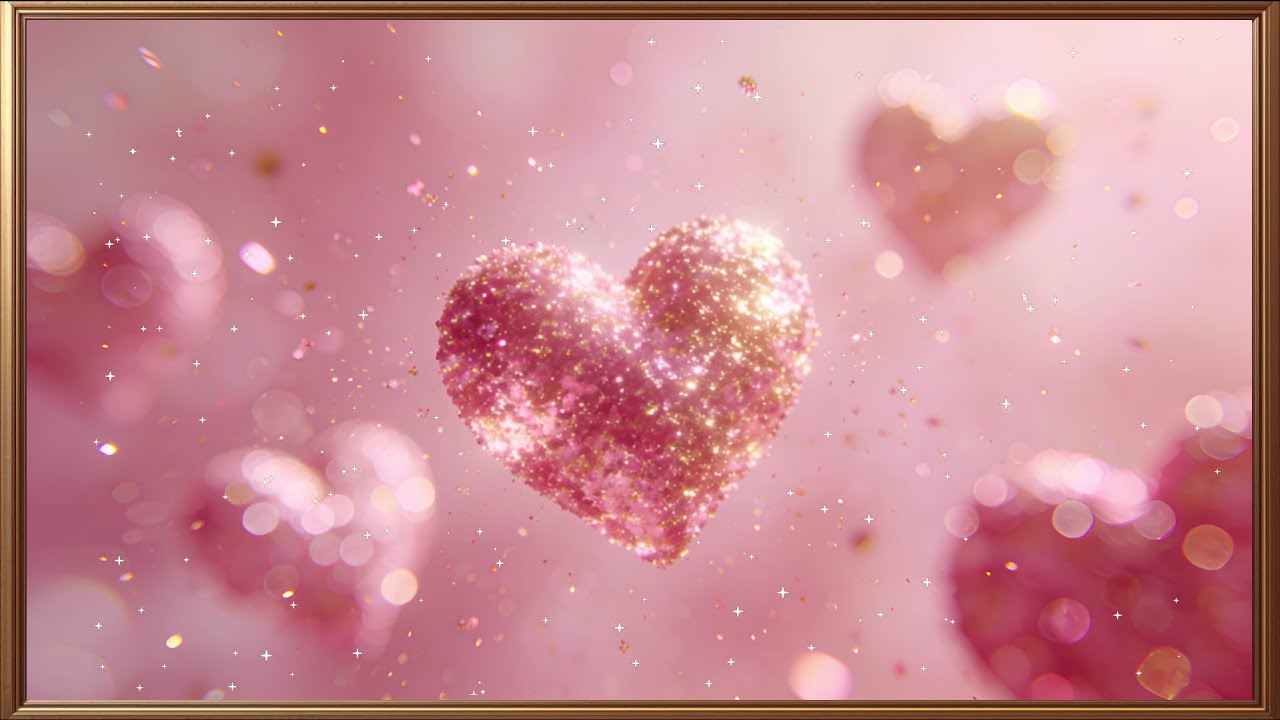 Valentine Frame TV Art 4K | Sparkling Pink Heart Romantic Screensaver with Vintage Gold Frame