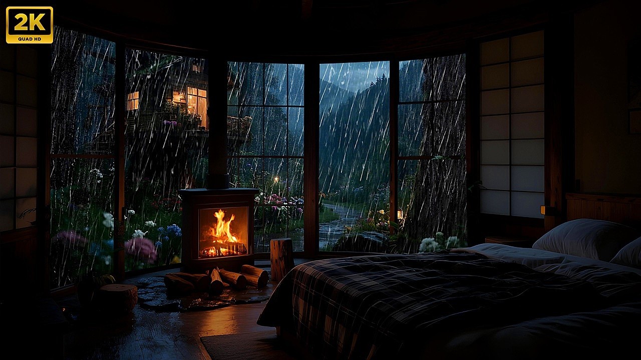Heavy Rain in a Traditional Japanese Ryokan Bedroom | Garden Rain for Deep Sleep