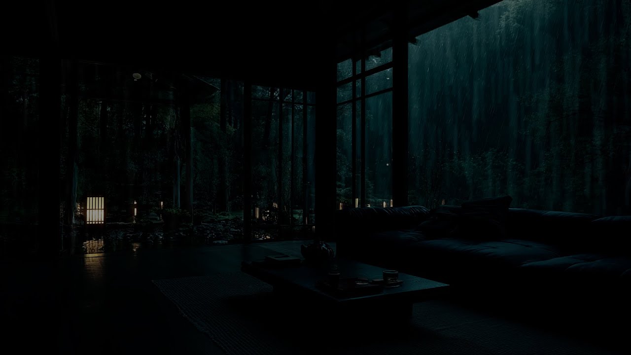 Modern Japanese Zen House Ambiance 🌑 3 Hours of Heavy Forest Rain Sounds for Deep Sleep & Study