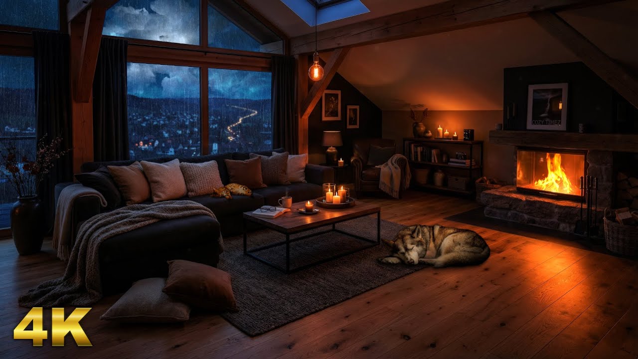 Powerful Thunderstorm, Heavy Rain & Fireplace Crackling 🌧️🌩️🔥 | Night Ambience
