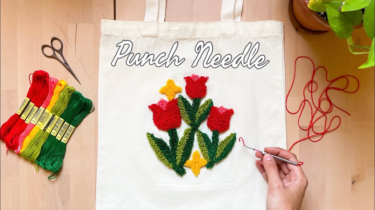 تطريز إبرة النفاش شكل ورود على حقيبة توت باق 👜🌷 | Punch Needle Tote Bag