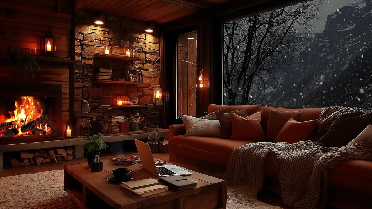 Peaceful Winter Cabin Night ❄️ | Cozy Fireplace Glow and Snowfall Sounds for Deep Relaxation