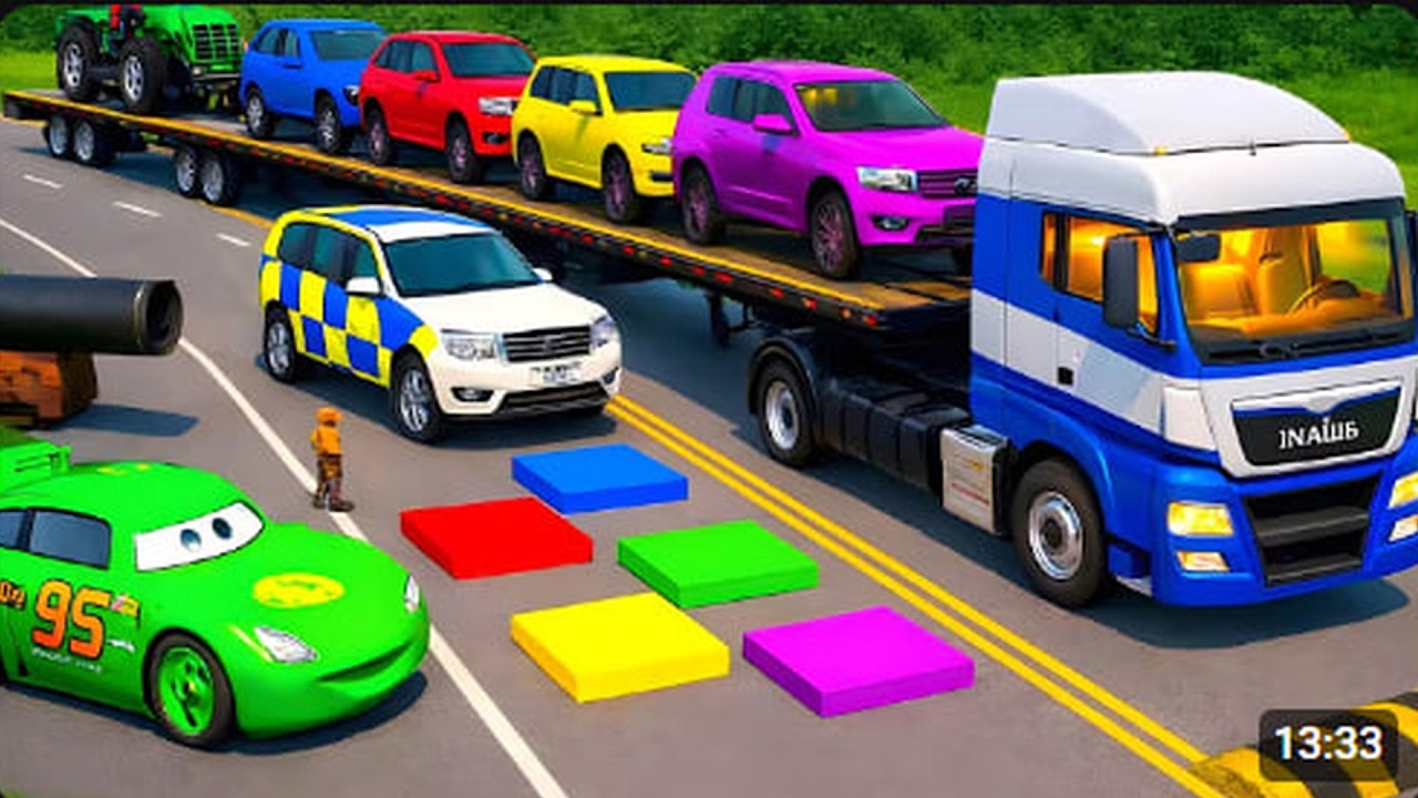 TRANSPORTING PIXAR CARS & FRUITS WITH COLORED & JOHN DEERE vs CLAAS vs TRACTORS - BeamNG.drive#12345