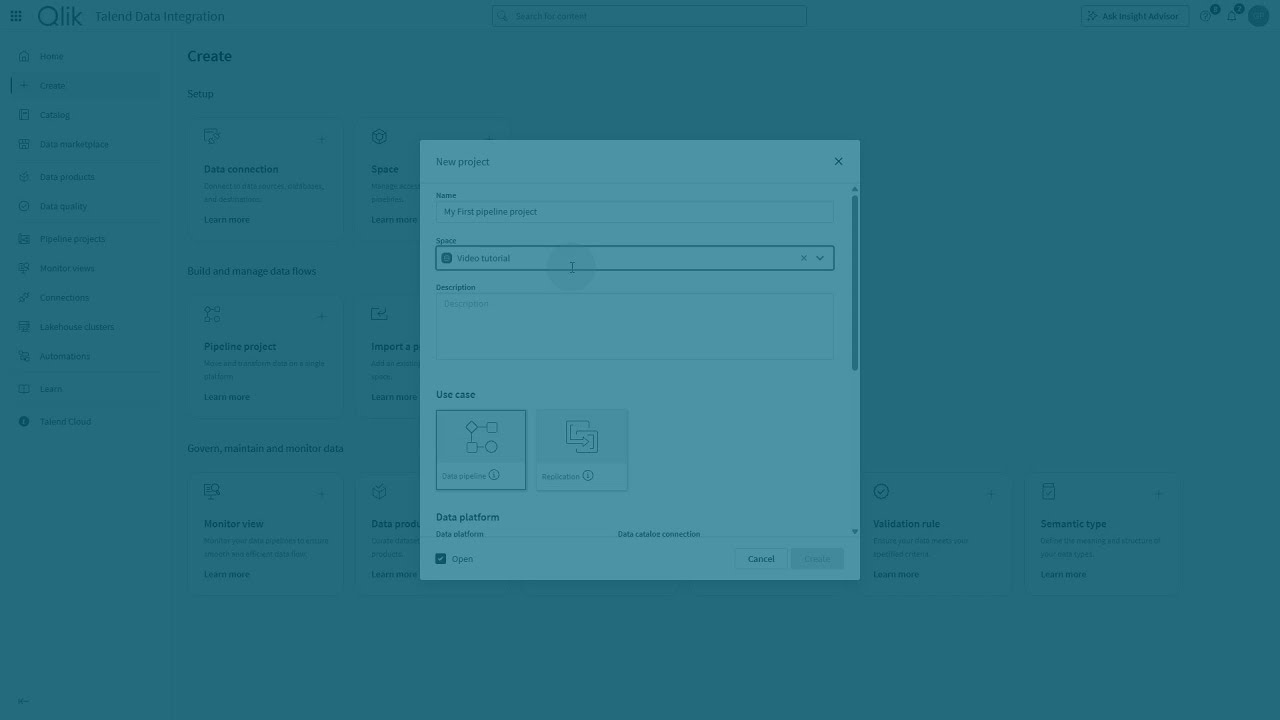 Создайте проект конвейера в Qlik Talend Data Integration.