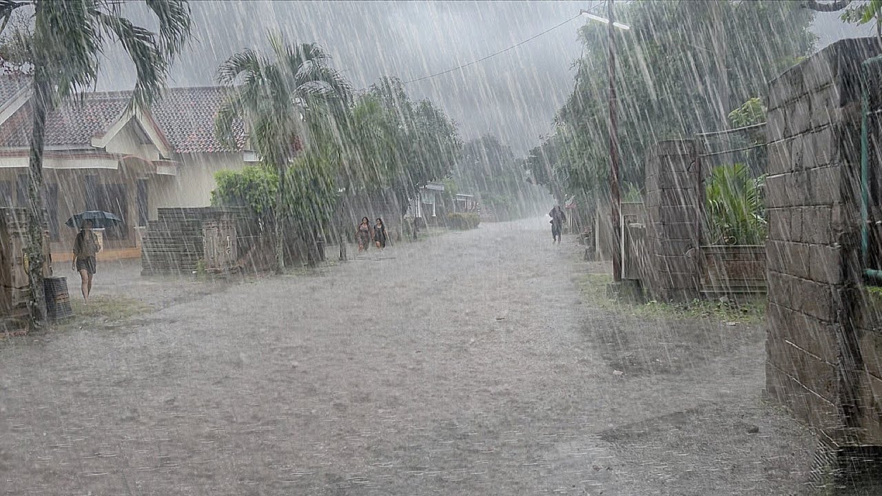 super heavy rain in my village, very cold walking enjoying the heavy rain with an umbrella