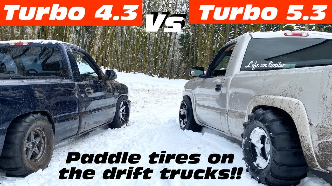i put PADDLE TIRES on both my DRIFT TRUCKS!! We STRAIGHT SENT them in the SNOW..