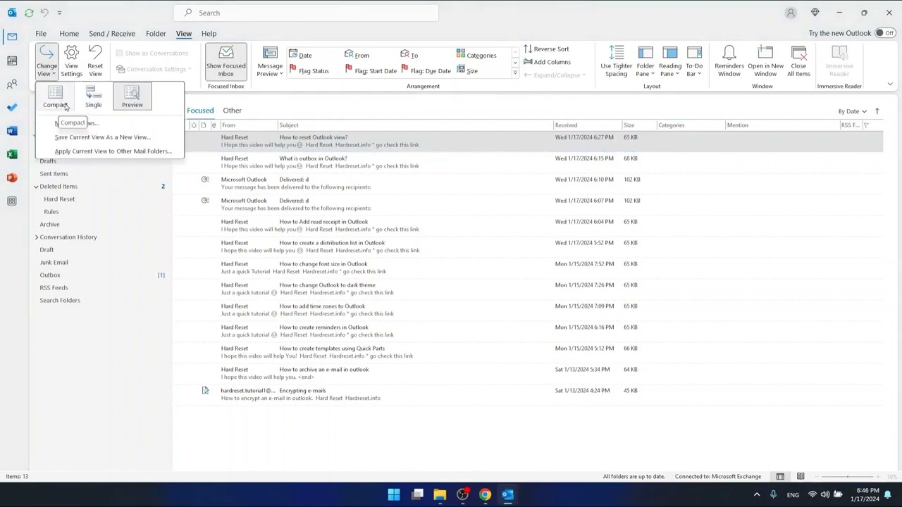 Microsoft Outlook &ndash; Сброс вида к виду по умолчанию