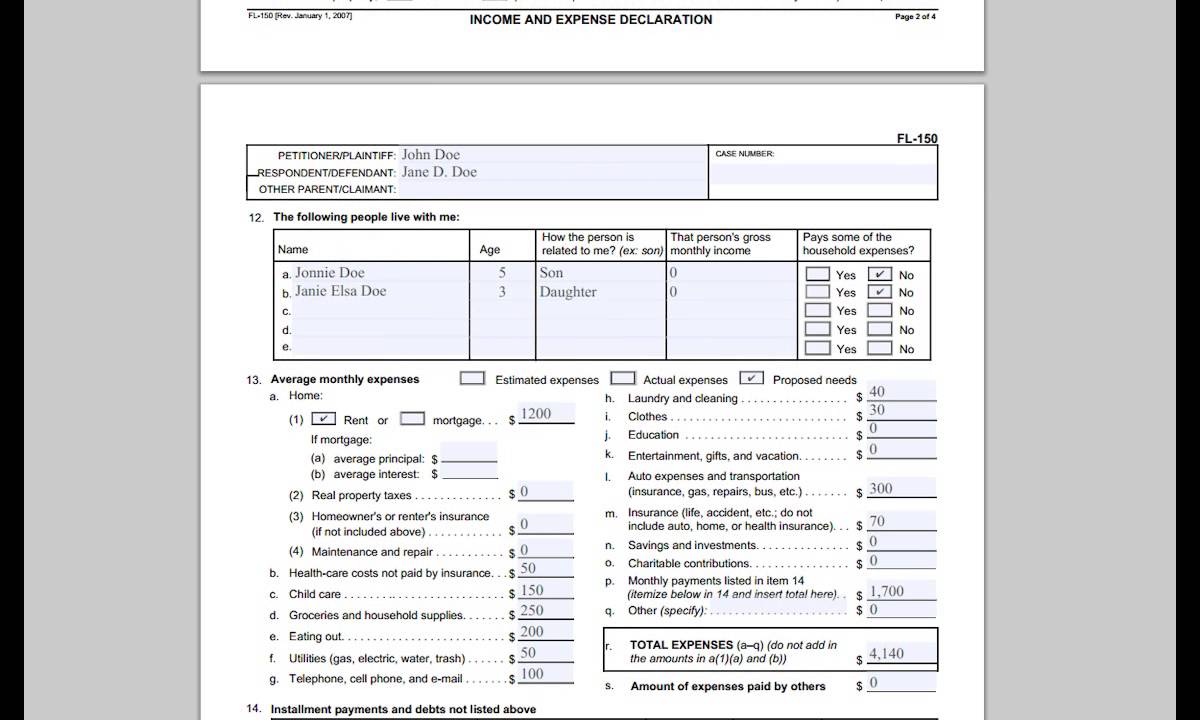 FL-150: Income and Expense Declaration