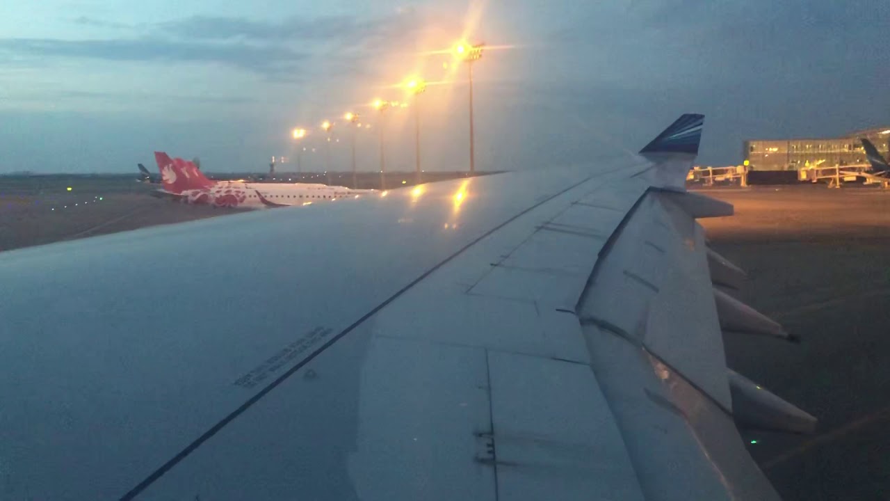 AZAL — Azerbaijan Airlines Airbus A340-500 evening pushback, taxi and takeoff from Baku=))