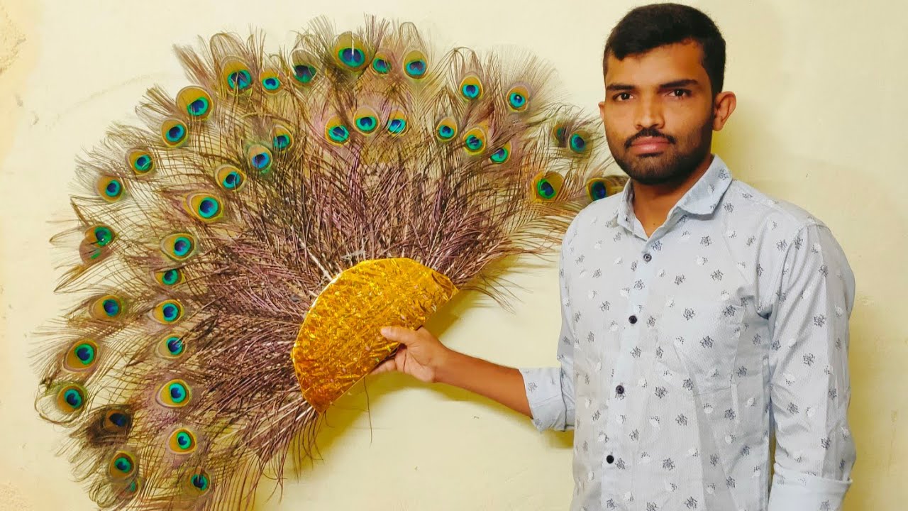 How to make peacock feather hand fan #diy #creativemindart