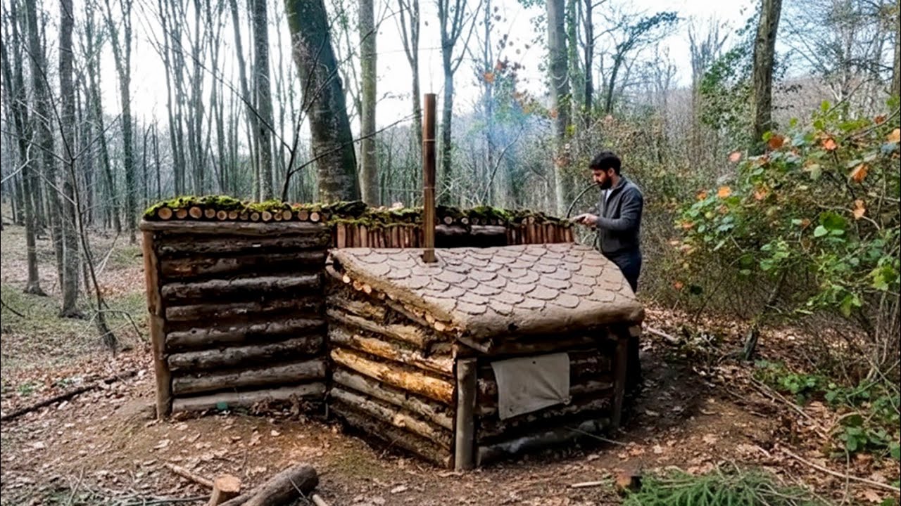 Building a Hidden Log Cabin Shelter in the Forest – Bushcraft Survival Overnight