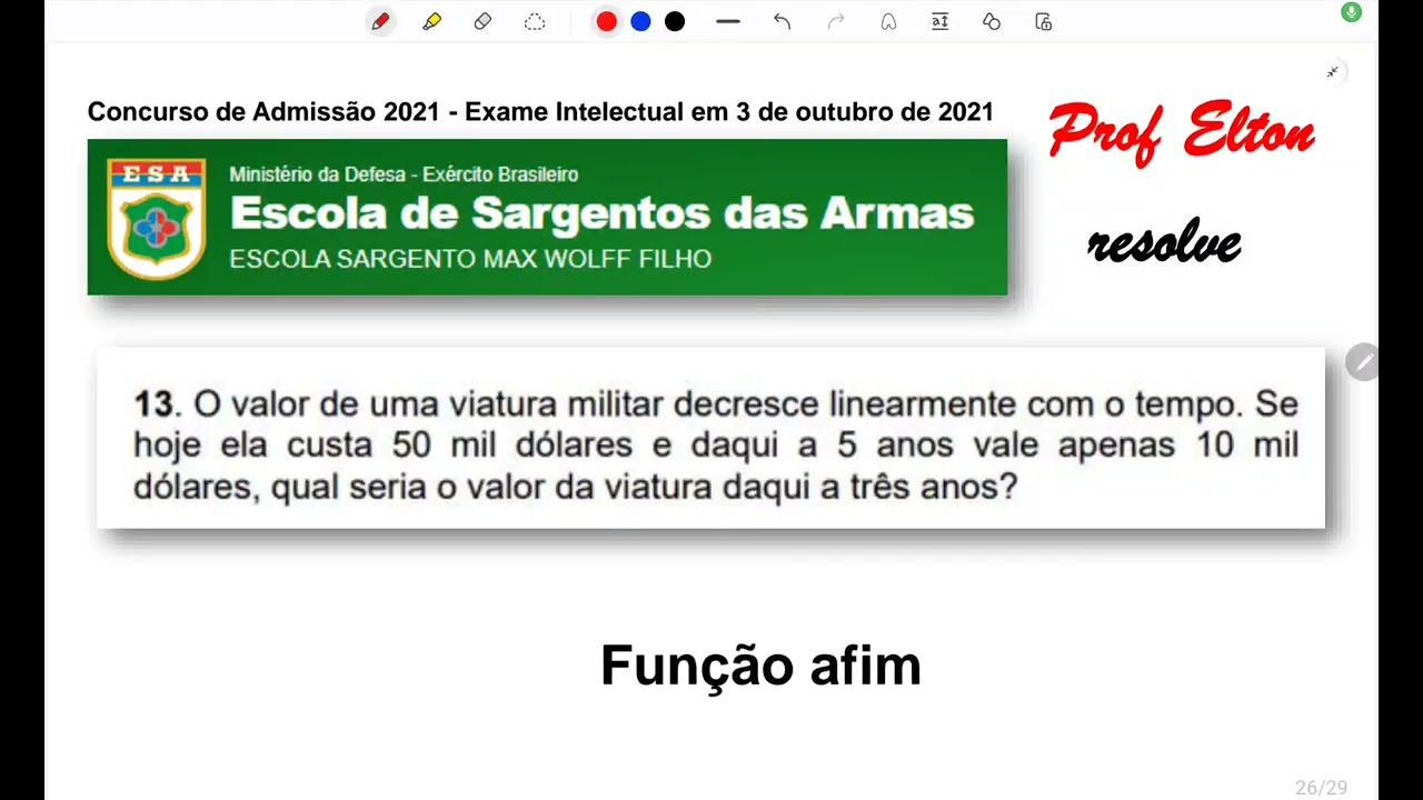 ESA 2021 - Fun&ccedil;&atilde;o afim - O valor de uma viatura militar decresce linearmente com o tempo