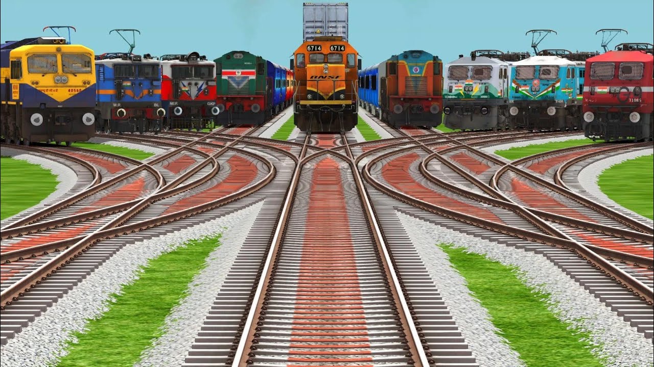 9-Trains Run At Bumpy Curves Railroad Tracks l train animation video 