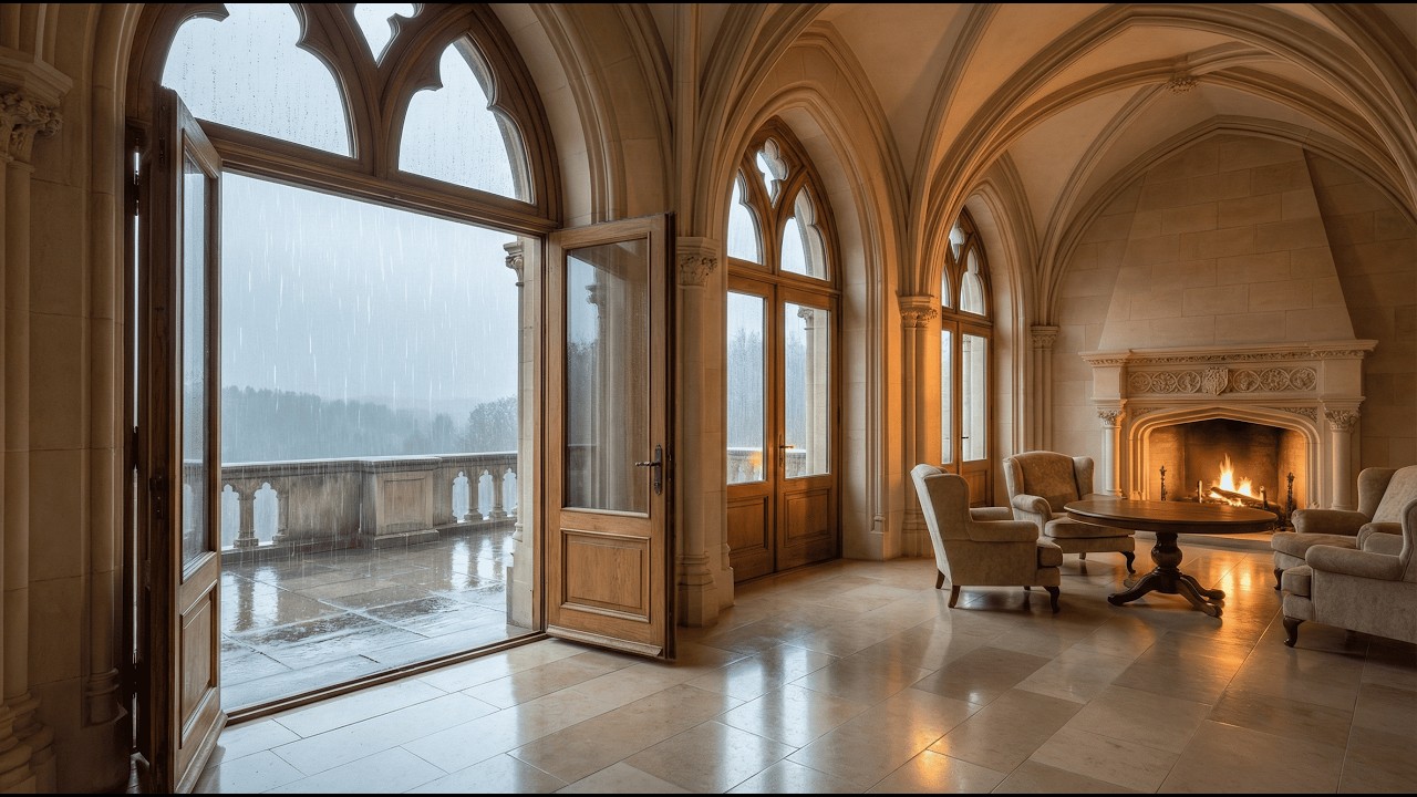 Rain Outside the Castle Balcony 🌧️ Cozy Fireplace ASMR