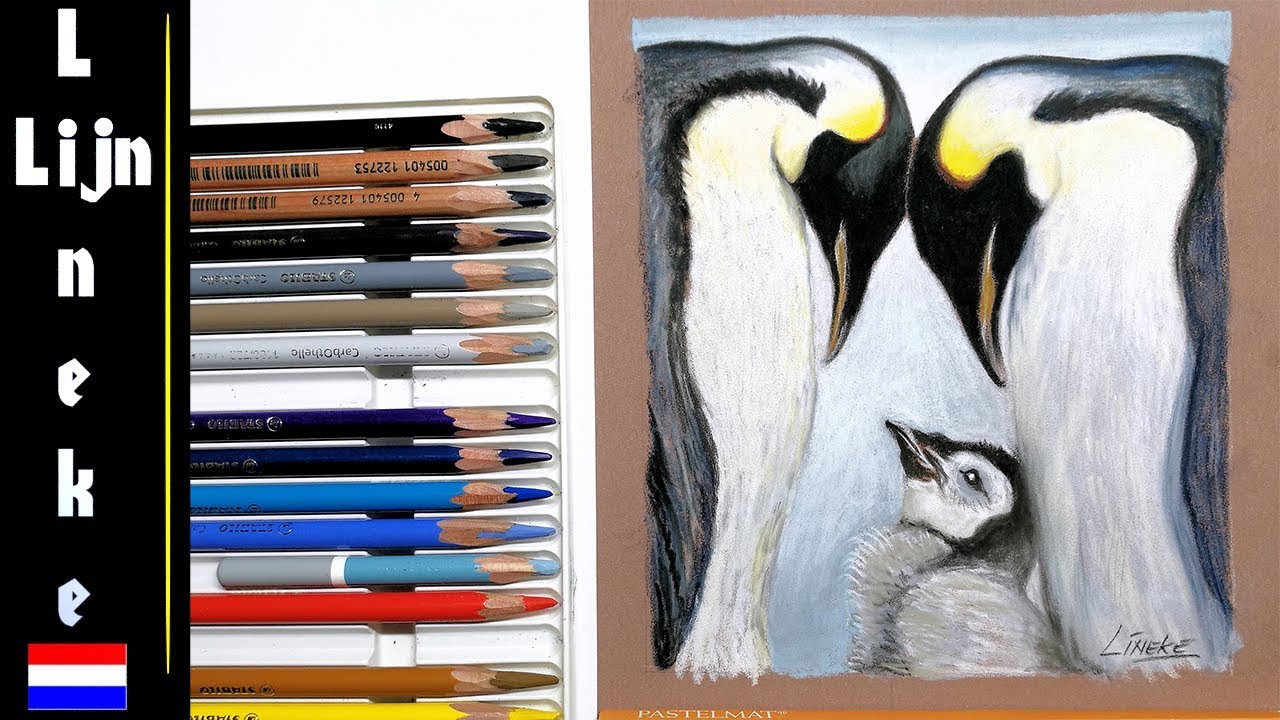Hoe teken je een pingu&iuml;n met baby - Pastelmat tekening