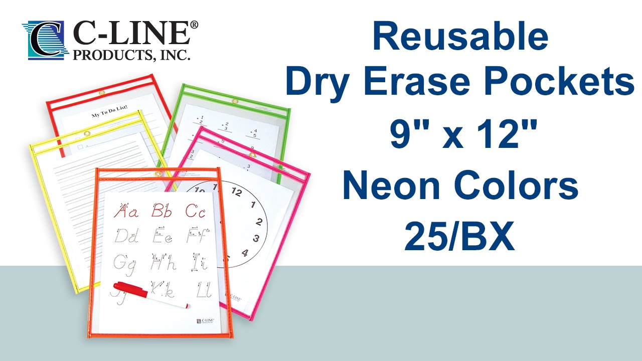 Reusable Dry Erase Pockets, Assorted Neon Colors, 9 x 12, 25/BX - C-Line Products - 40820