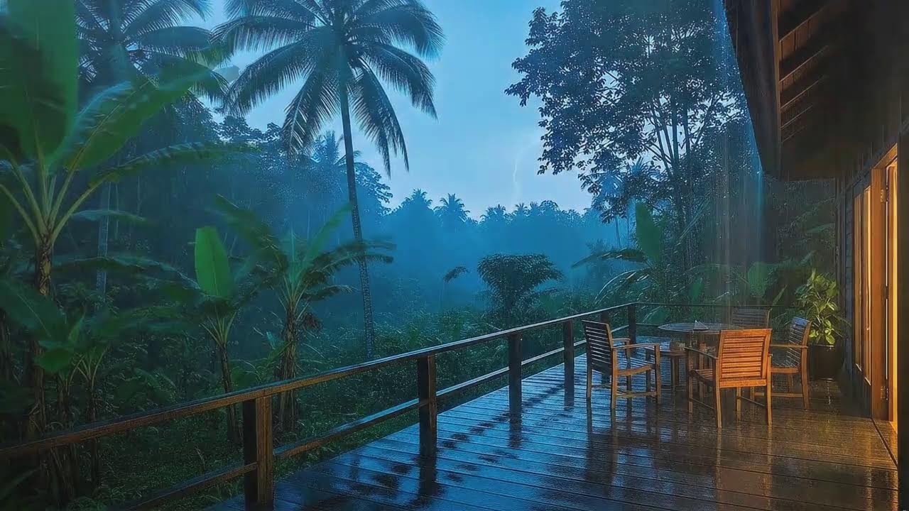 Instant Sleep with Gentle Rain and Low Rumble at Wooden Cabin Terrace 🌧️