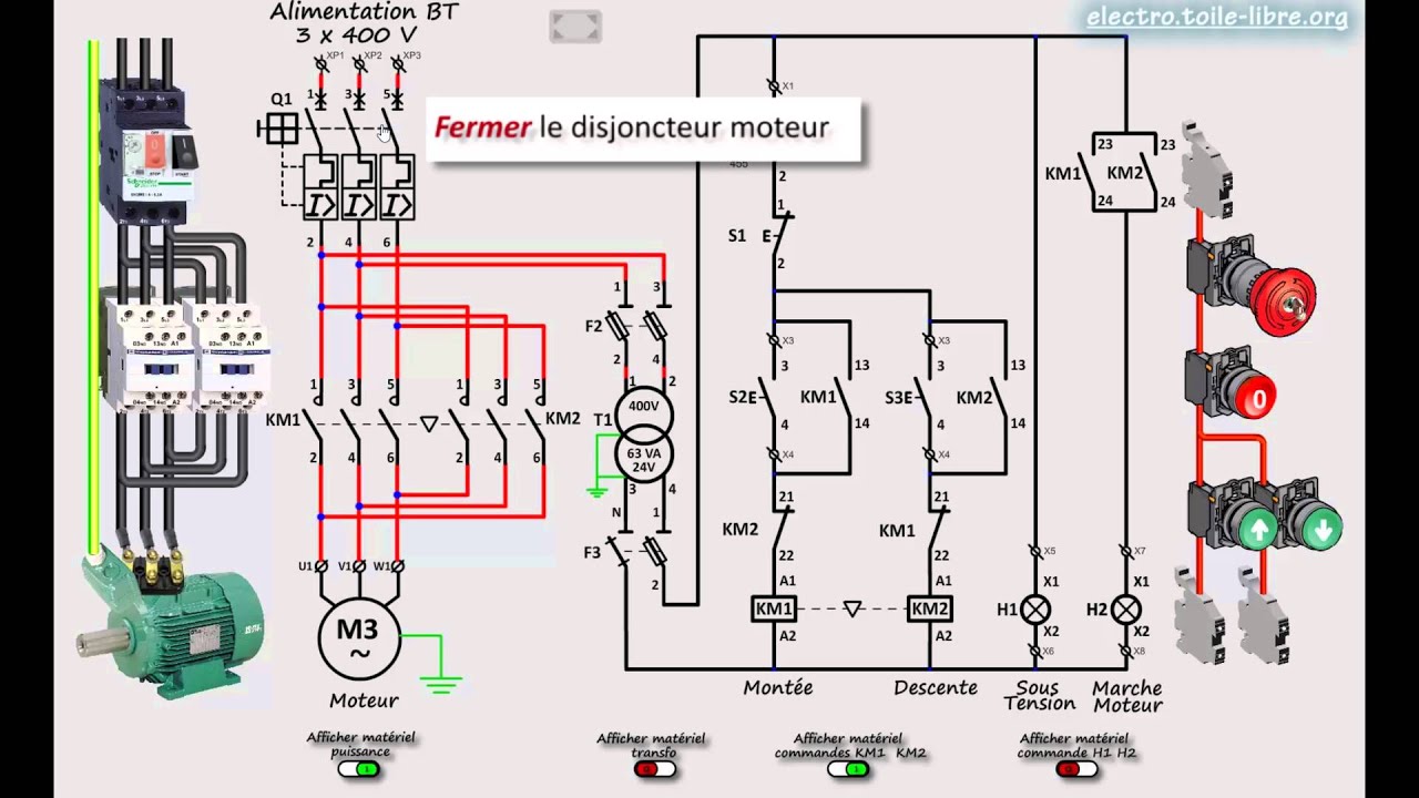D&eacute;marrage direct 2 sens de marche d'un moteur asynchrone triphas&eacute; | Sch&eacute;ma interactif