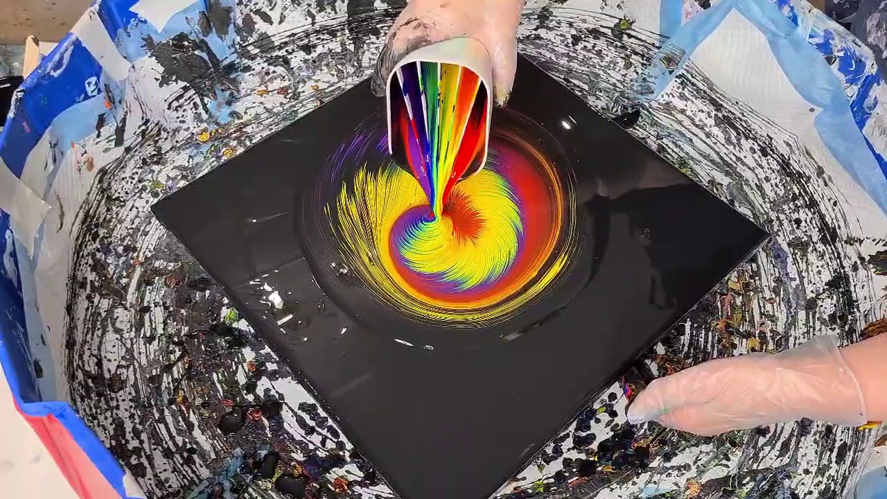 #1128 Rainbow SIX Compartment Split Cup Acrylic Pour Spun Out On Cake Turntable