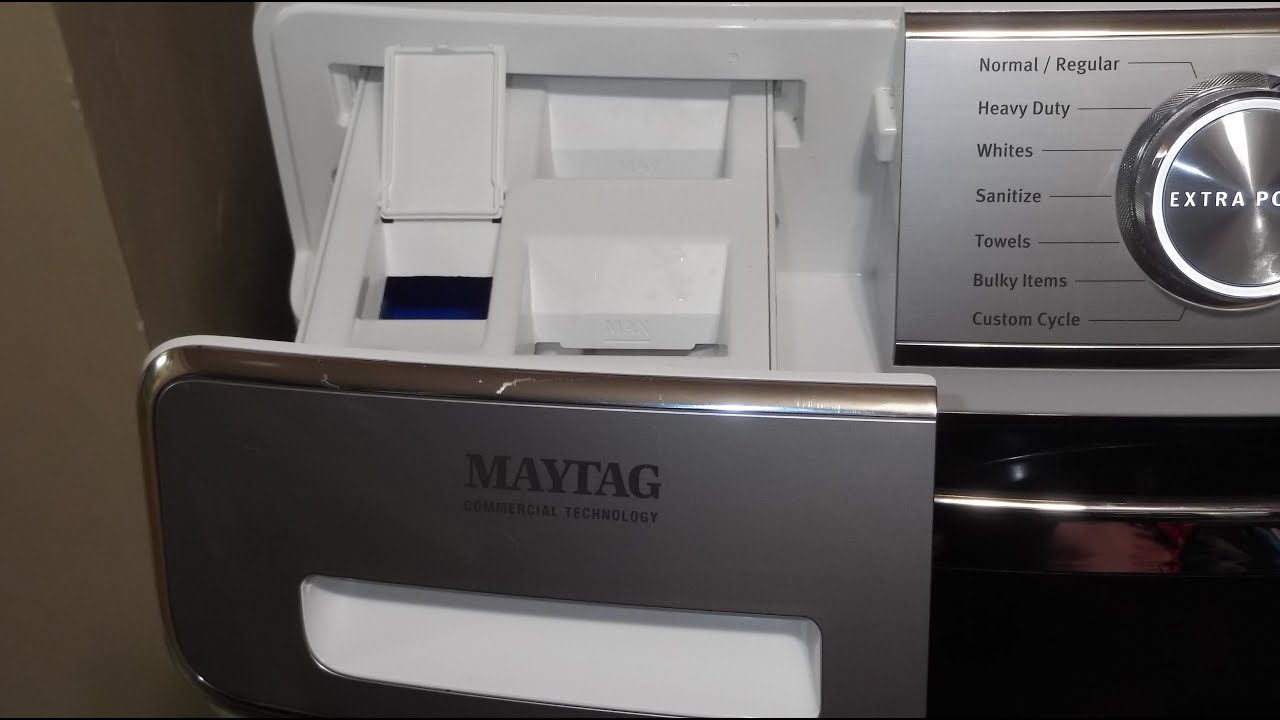Лоток для моющего средства в стиральной машине Maytag заполнен водой или засорен. Исправление