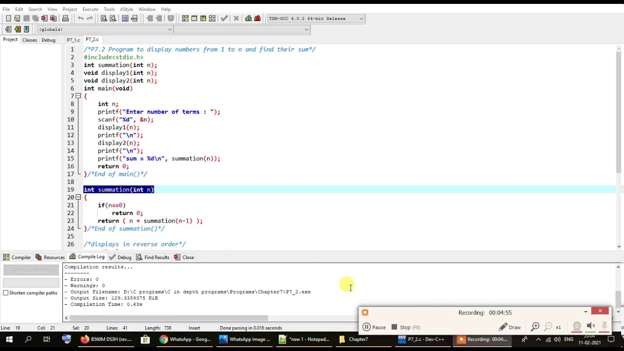 C program to calculate the sum of n numbers using recursion