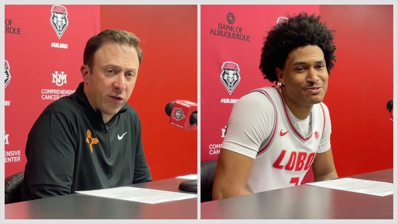UNM coach Richard Pitino and guard Tru Washington after beating Texas Southern on Nov. 24, 2024.