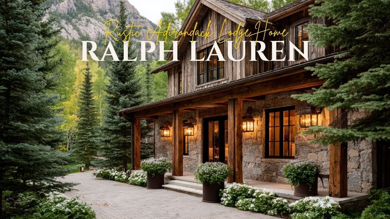 Rustic Adirondack Lodge Home with Ralph Lauren Heritage Cabin Style and Wood Beams