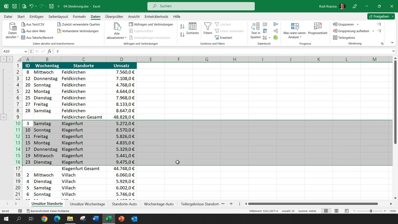 Excel - Gliederung und Gruppierung