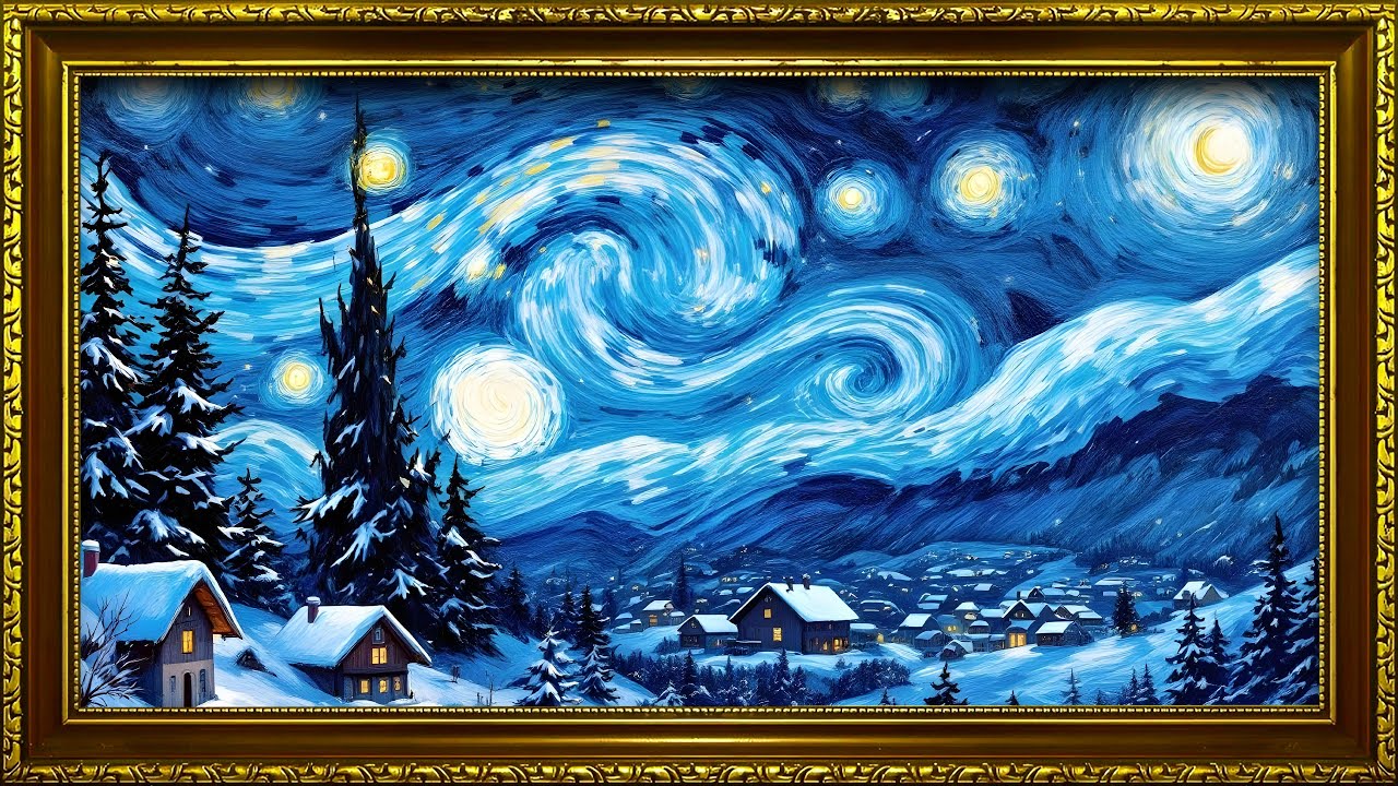 Starry Snowfall Over Alpine Village | Van Gogh Winter Fantasy | Art Screensaver for TV
