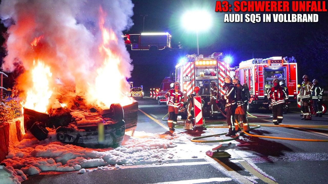 [A3: AUDI NACH UNFALL IN VOLLBRAND!] - 4 Verletzte - Brandbekämpfung - Langer Stau - Langenfeld -