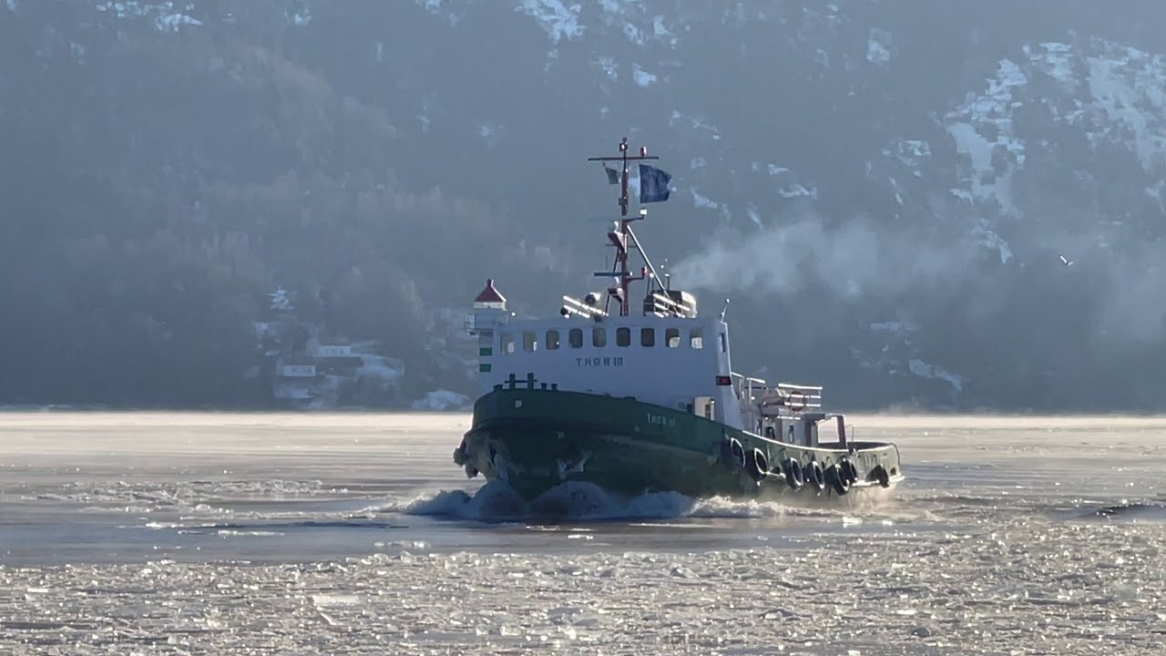 Shipsspotting, Icebreaker Thor III in Svelvikstroemen. Icebreaking in Norway.