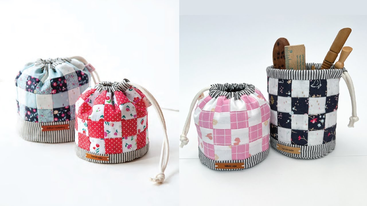 How to sew a Checkered String Bag | Easy Drawstring Bag  | 조리개파우치 | Beginner Sewing bag