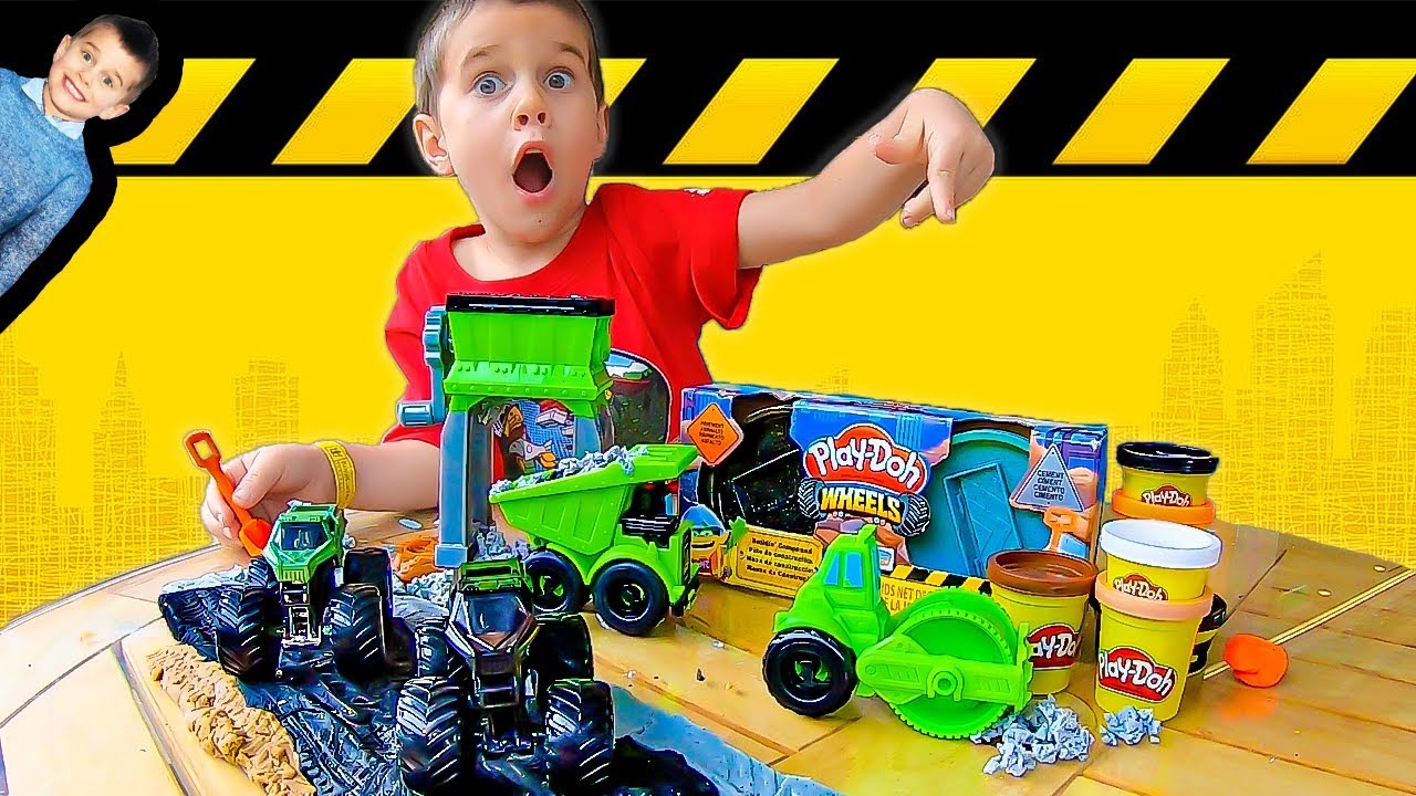 Play-Doh Construction Trucks Build Road for Monster Jam Toy Monster Trucks
