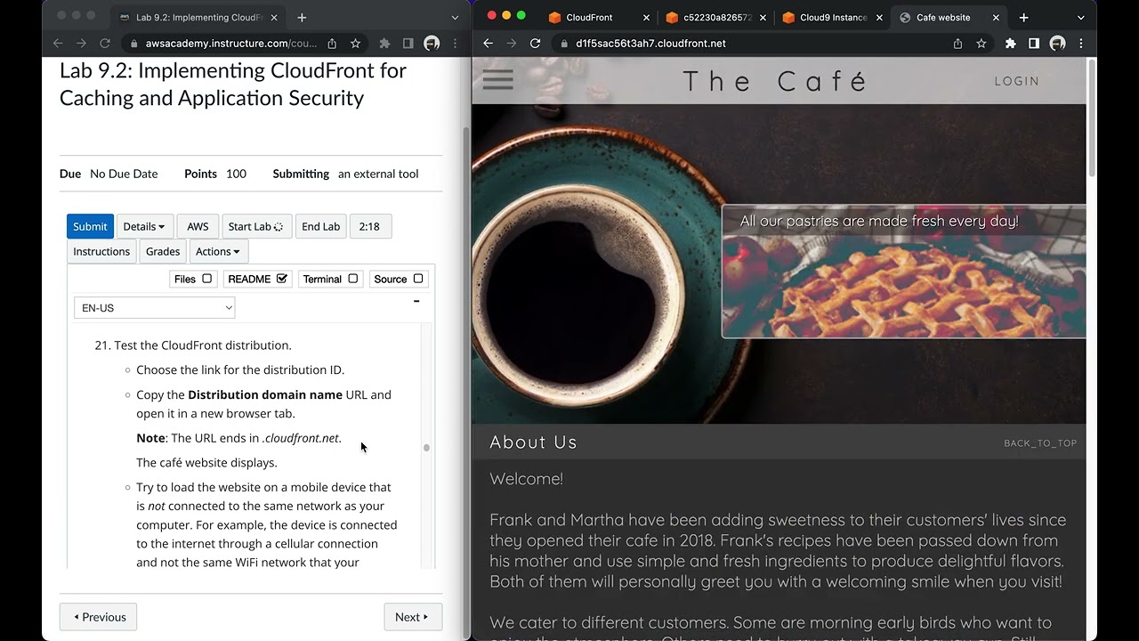AWS Academy Cloud Developing Lab 9.2:  Implementing CloudFront for Caching and Application Security