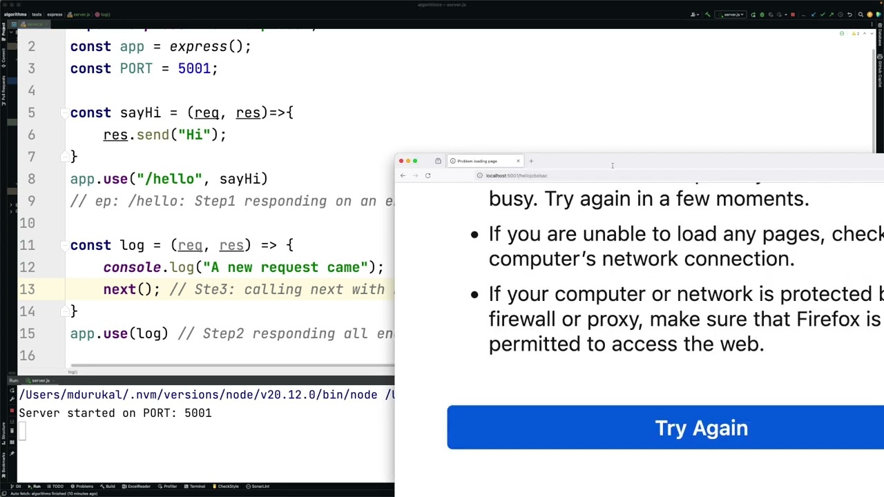 Express: Developing Minimal Node Servers, next, middlewares, error handling