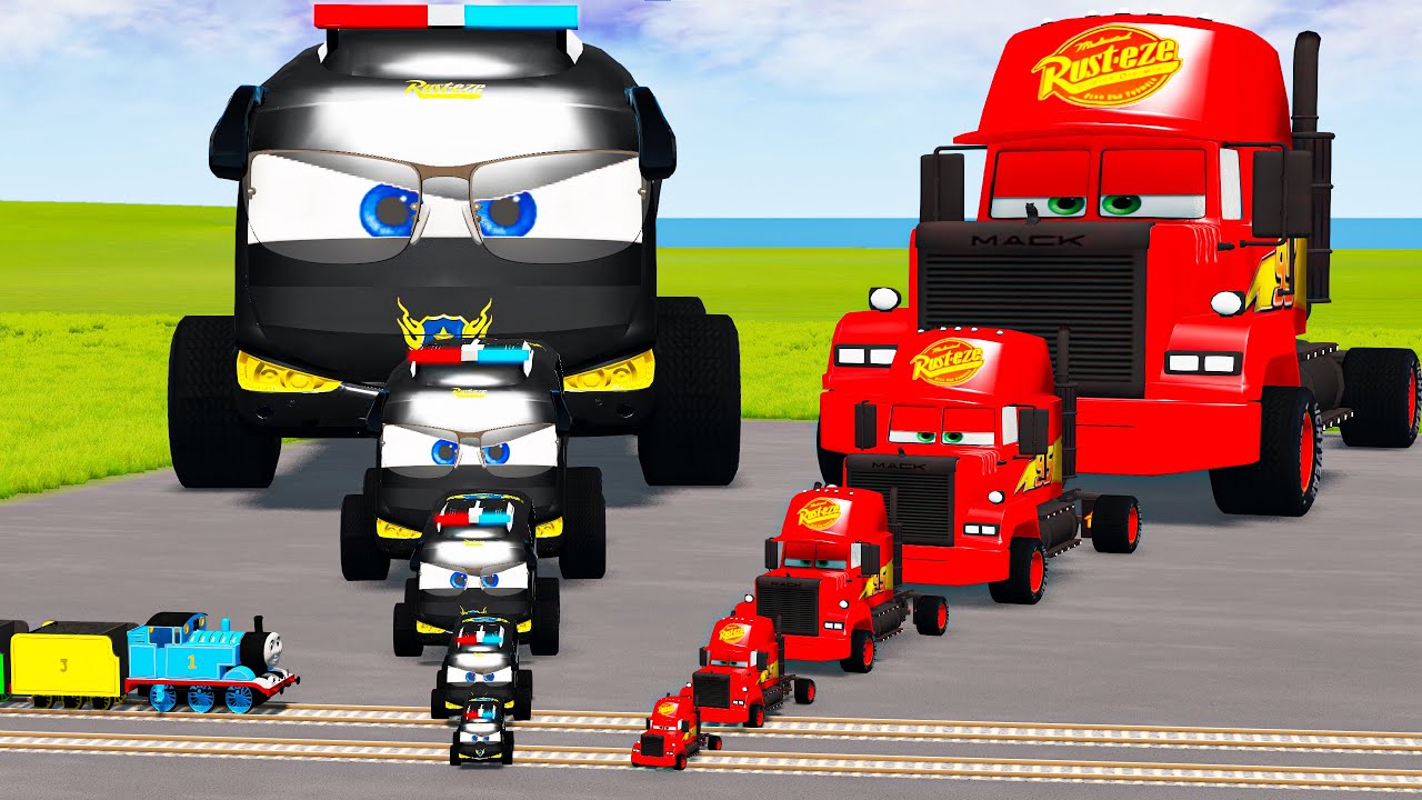 Big & Small Mack Truck vs Long Police Bus Mcqueen vs Trains Thomas | BeamNG.Drive