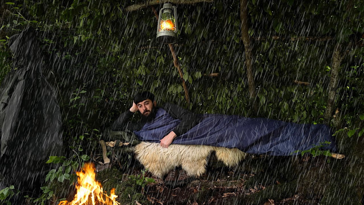 SOLO CAMPING • BUSHCRAFT SURVIVAL SHELTER IN THE RAIN • RELAXING NIGHT WITH CAMPFIRE SOUNDS • ASMR