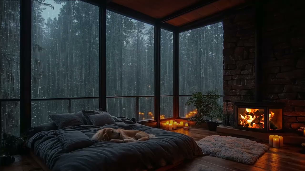 Rainstorm Ambience with Thunder and Fireplace in a Warm Cabin Hidden in the Forest for Deep Sleep