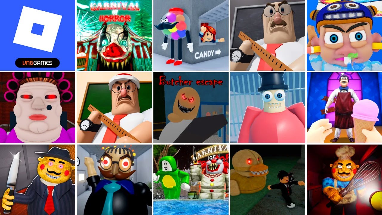 Roblox, Escape The Carnival of Horror, MR. GUMDROP'S CANDYSHOP, GREAT SCHOOL BREAKOUT, the butcher
