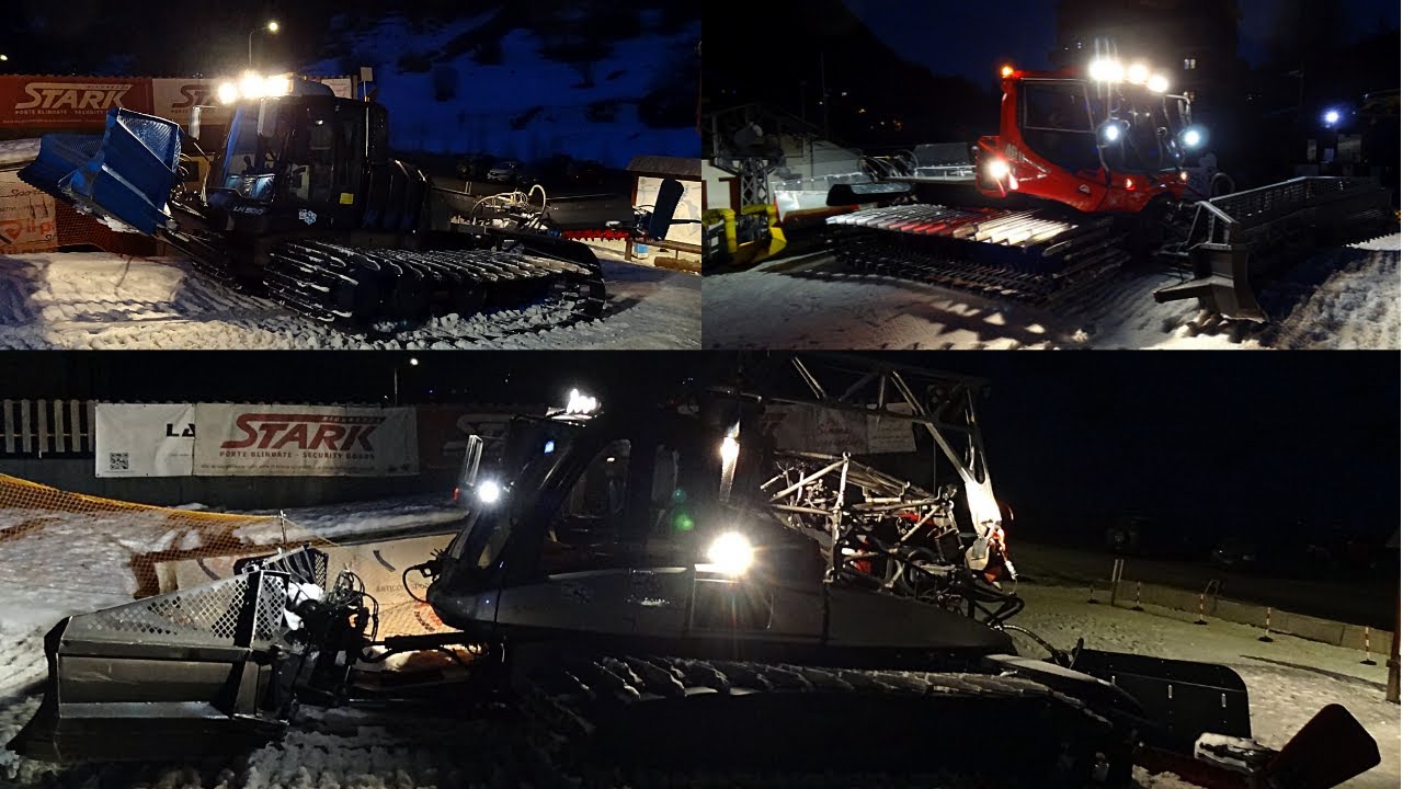 Snowcats Refueling and Leaving on the way for Ski Slopes - Prinoth, Pistenbully and Leitner Sound