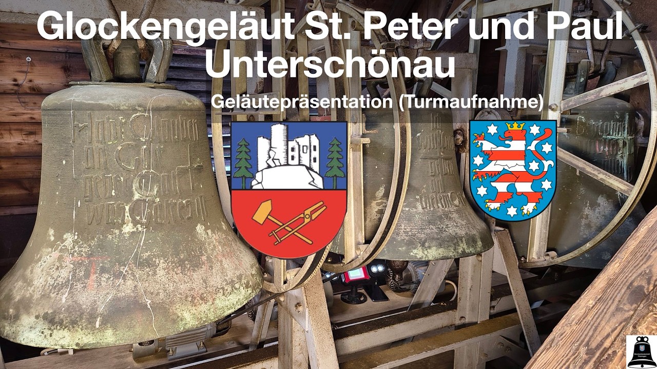 Unterschönau (D), Die Glocken der ev. Kirche St. Peter und Paul, Geläutepräsentation (Turmaufnahme)