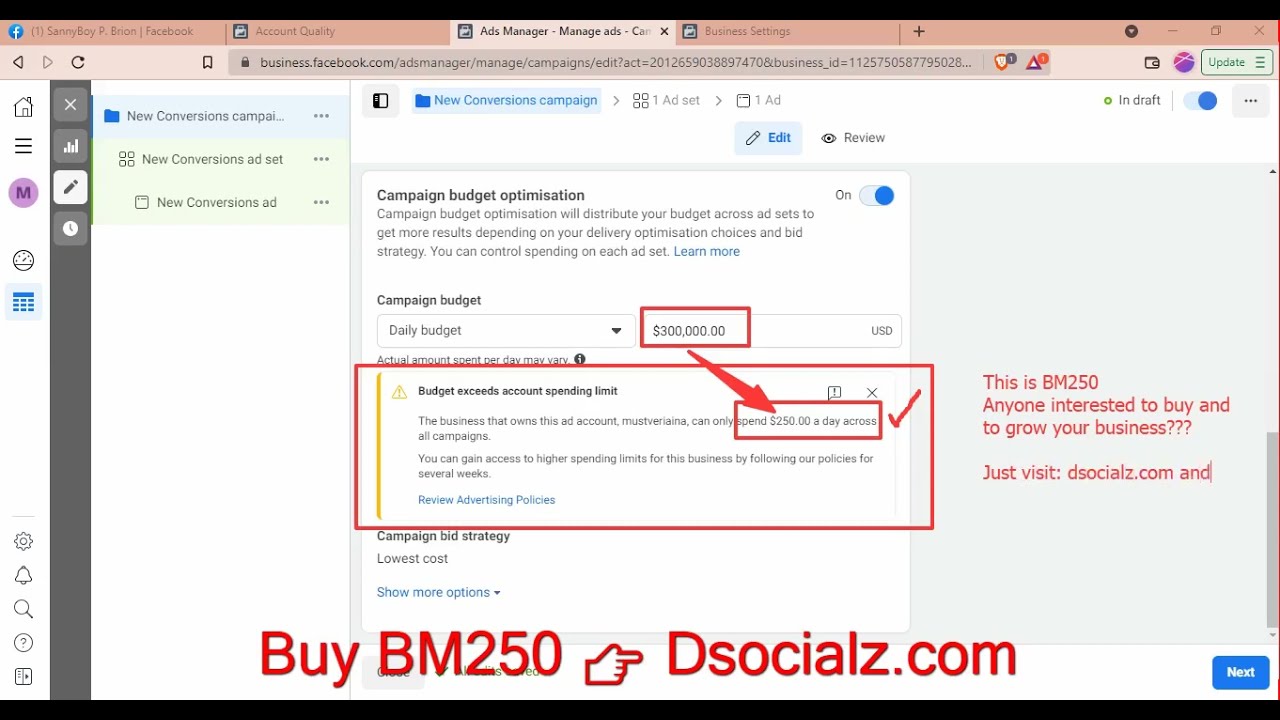 $250 spending limit Facebook business manager for sale   $250 spending limit BM