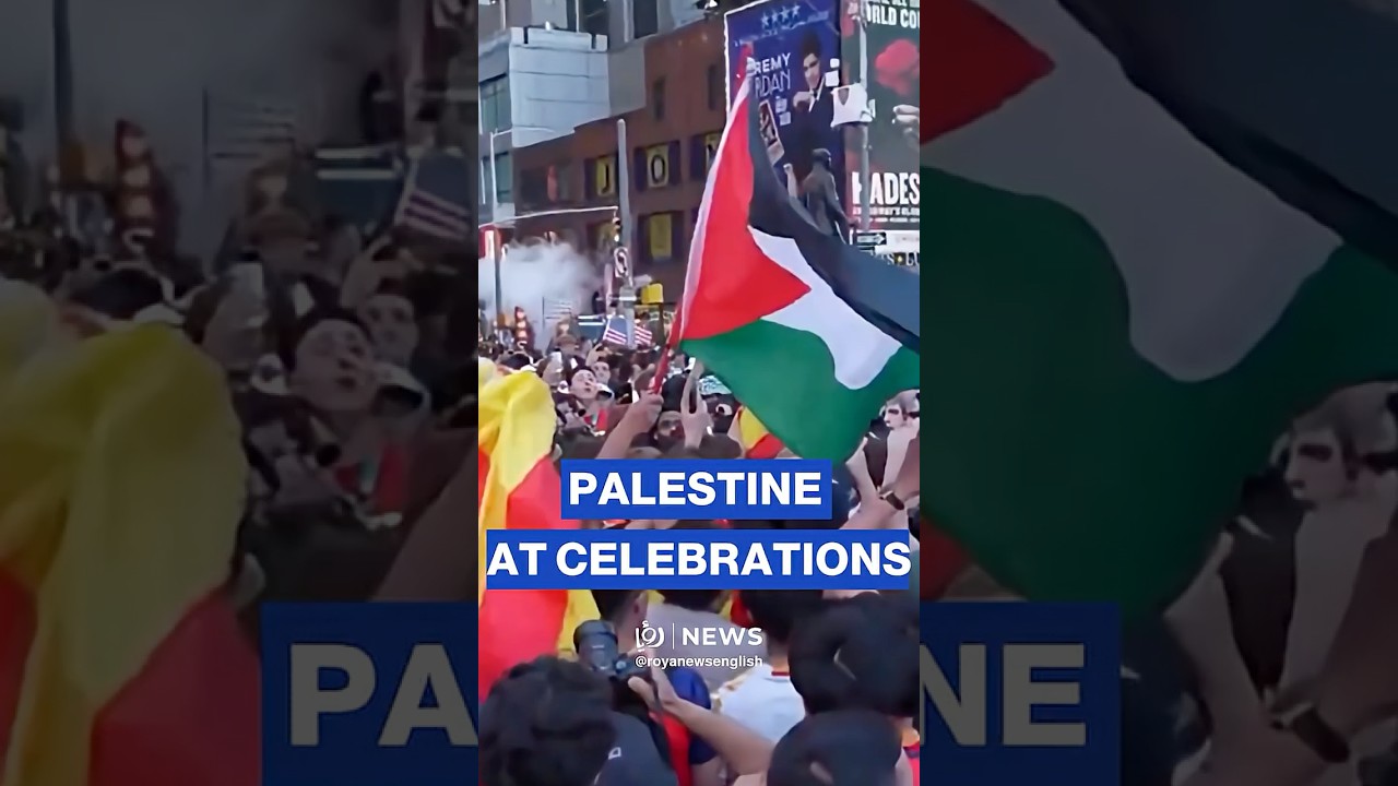 Spanish fans wave Palestinian flags during World Cup celebrations in Times Square