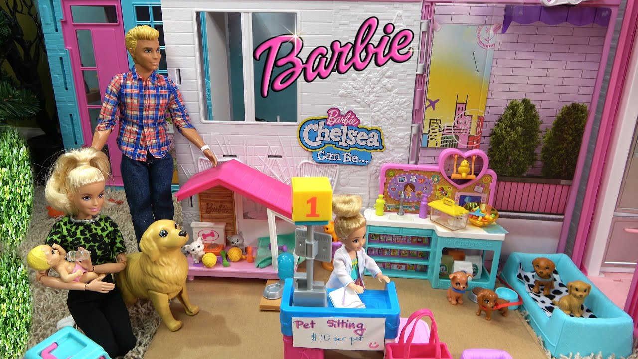 Barbie and Ken in Barbie Dream House Story with Chelsea Having Pet Sitting Stand w Friends