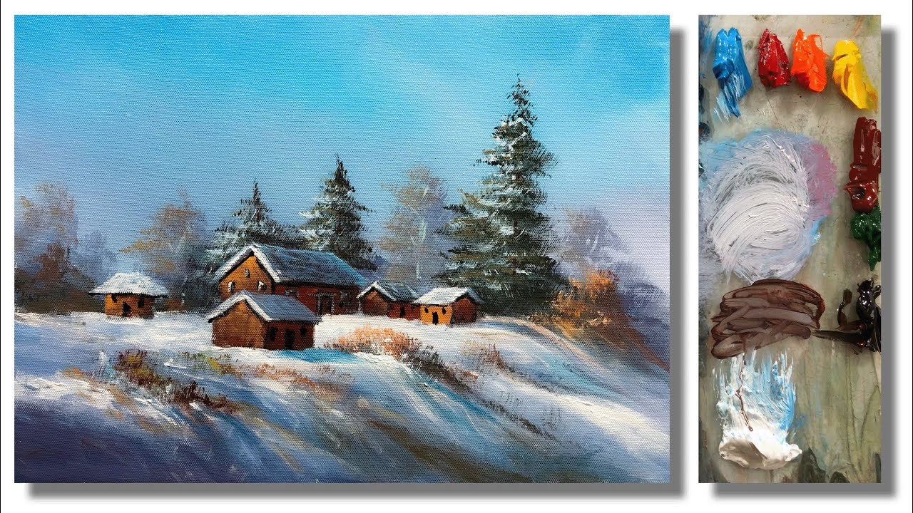 Acrylic Landscape Painting in Time-Lapse | Snowy Winter Village Scenery Painting