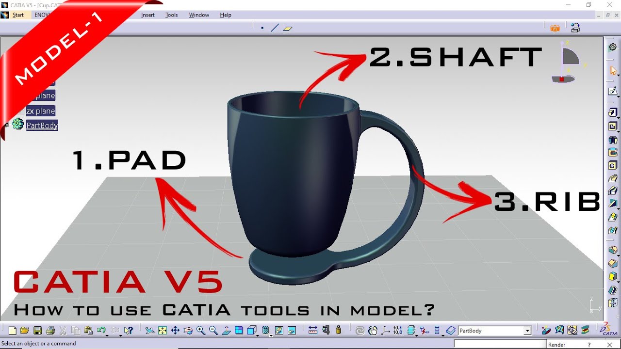 CATIA V5 _ PAD, SHAFT & RIB _ Learn CATIA tools in model