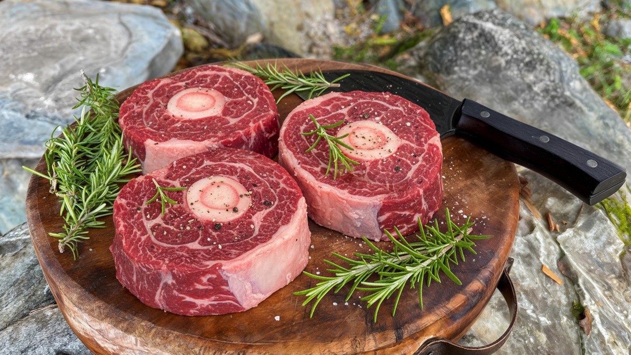 Cooking Veal Osso Buco on Hot Stone over Campfire