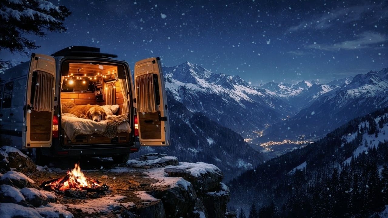 Lo-fi Jazzhop in a Warm Camper Van (Snowy Alps Night) | Study, Relax, Sleep