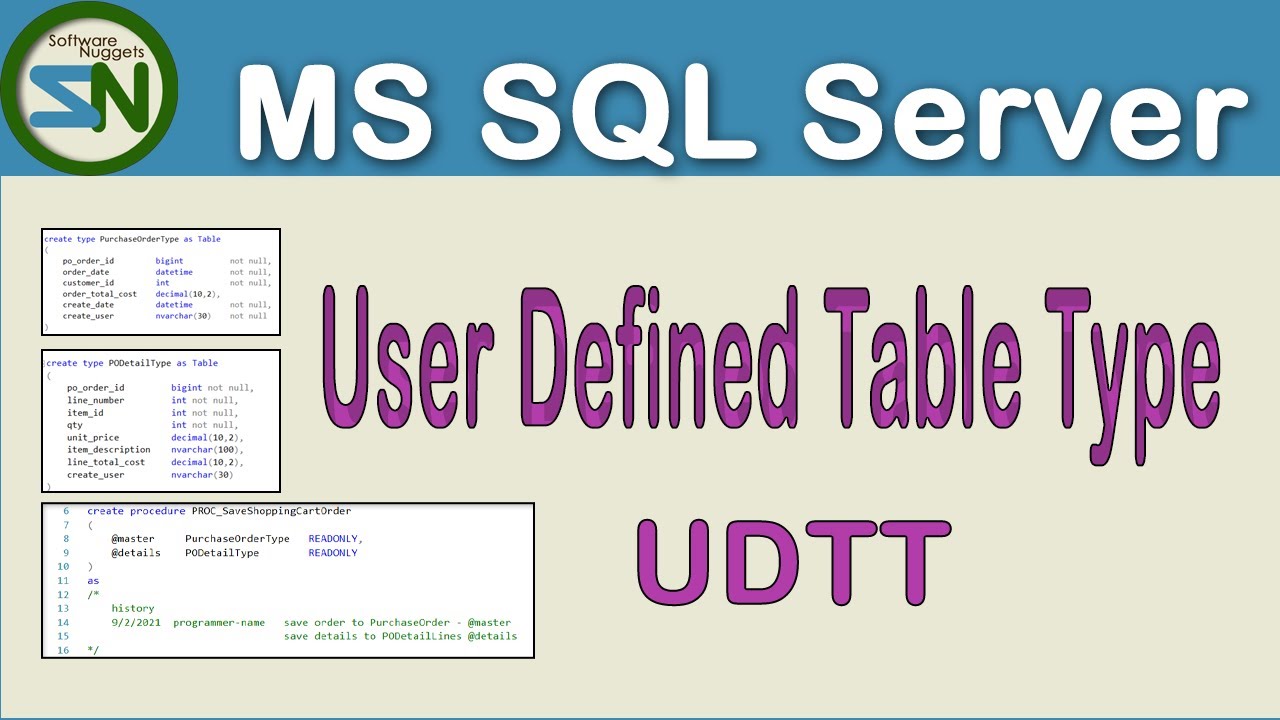 SQL Server User Defined TABLE TYPE or Table-Valued parameters used in a Stored Procedure.