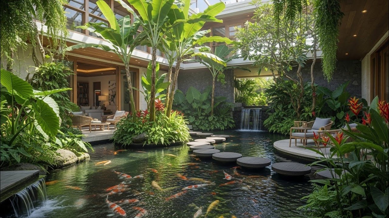 Modern Home with Tropical Indoor Garden and Koi Pond